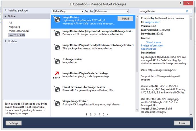 Manage NuGet Packages window